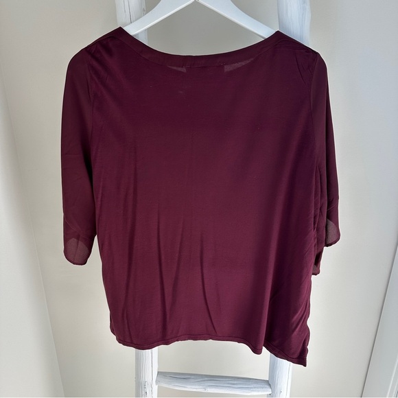 LOFT Deep Burgundy Short Sleeve Mixed Media Blouse Size Medium - Picture 2 of 9